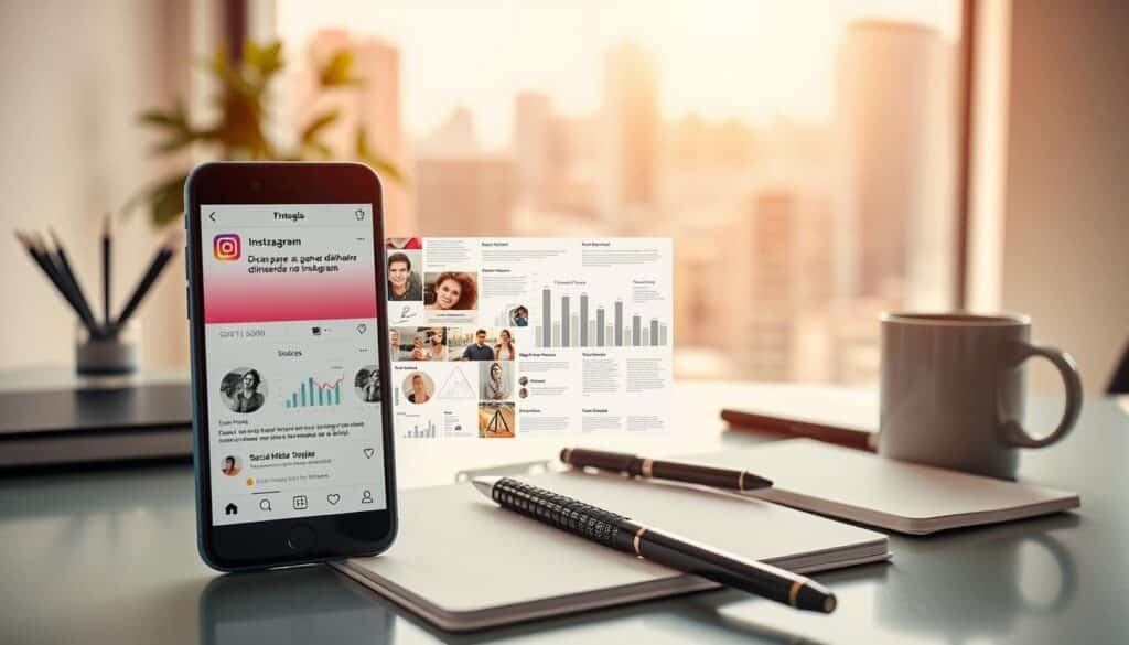 Mesa de trabalho com smartphone, cadernos, canetas e uma caneca. A tela do celular exibe o aplicativo do Instagram com a mensagem "Dicas para ganhar dinheiro no Instagram". Documentos e gráficos de análise de dados estão projetados ao lado. A imagem representa o estudo e a estratégia para Ganhar Dinheiro no Instagram em um ambiente corporativo.