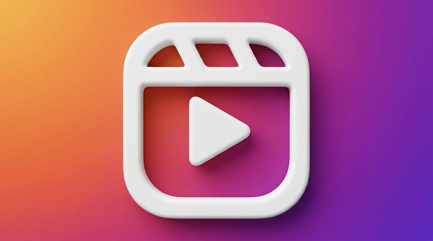 O ícone do Reels para empresas, em um formato 3D branco e com um botão de "play", está no centro de um fundo com um gradiente de cores que variam de laranja para roxo.