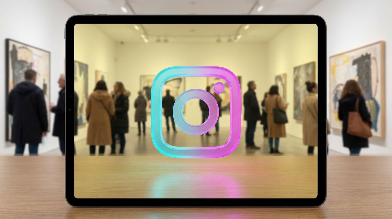 O logo do Instagram em primeiro plano, com um efeito 3D e cores ciano e magenta, está sobre uma imagem com filtro amarelo. Ao fundo, uma galeria de arte borrada com pessoas observando quadros. O conjunto da imagem representa o alcance de Reels para empresas no universo digital.