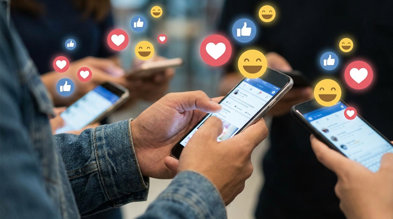 Uma imagem de close-up mostra várias pessoas sentadas lado a lado, cada uma segurando um smartphone. Elas estão olhando para seus telefones, e ícones de curtidas, corações e emojis flutuam acima de suas mãos. A cena ilustra o engajamento e a interação online. O foco está na mão de um homem em primeiro plano, que segura o telefone. Os emojis e curtidas representam as reações e o feedback que ajudam a ganhar seguidores e aumentar o engajamento nas plataformas sociais.