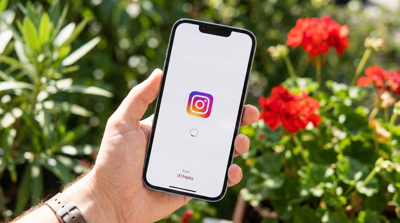 Mão segurando um smartphone com a tela inicial de carregamento do Instagram, mostrando o logotipo colorido e a assinatura "from Meta". O fundo é desfocado com vegetação verde e flores vermelhas. A imagem simboliza o ponto de partida para Ganhar Dinheiro no Instagram através da plataforma de conteúdo.