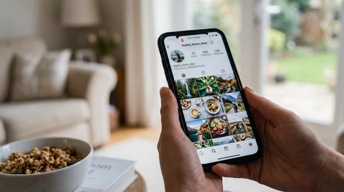 Mãos segurando um smartphone que exibe o perfil do Instagram, com a interface do aplicativo visível e postagens na grade. A imagem sugere a necessidade de evitar distrações de mídias sociais, como ao usar o modo silencioso, para se concentrar no ambiente ao redor ou em uma tarefa, como o lanche desfocado em primeiro plano.