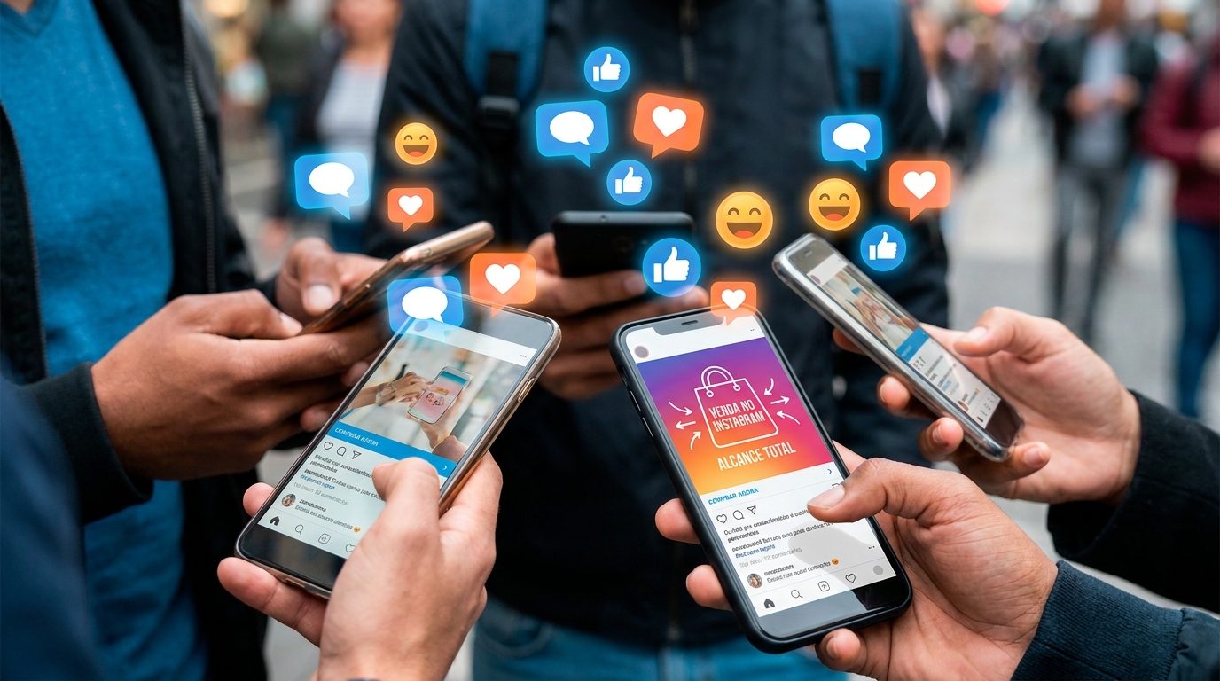 Uma imagem com foco em smartphones. As mãos de várias pessoas seguram os dispositivos, e sobre as telas flutuam ícones de redes sociais, como balões de fala, curtidas e emojis. A cena sugere a intensa interação social e o engajamento digital, com a mensagem principal de vender no Instagram sendo comunicada através dos elementos visuais que representam a comunicação e o alcance nas mídias sociais.