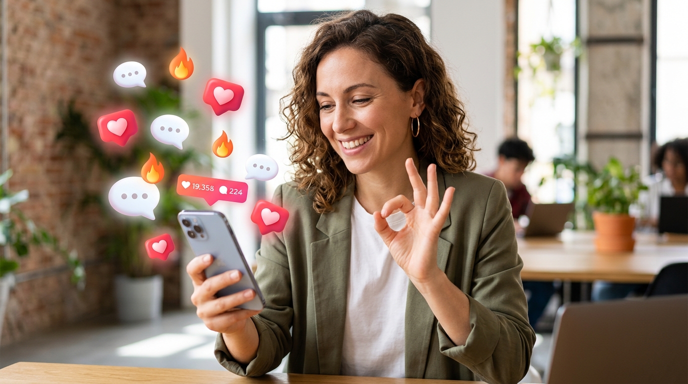 Mulher sorrindo e fazendo um sinal de "OK" com a mão, enquanto olha para o celular. Ícones de notificação (curtidas e comentários em 3D) flutuam ao redor, simbolizando alto engajamento. A imagem representa o sucesso e as estratégias para Ganhar Dinheiro no Instagram através da viralização de conteúdo.
