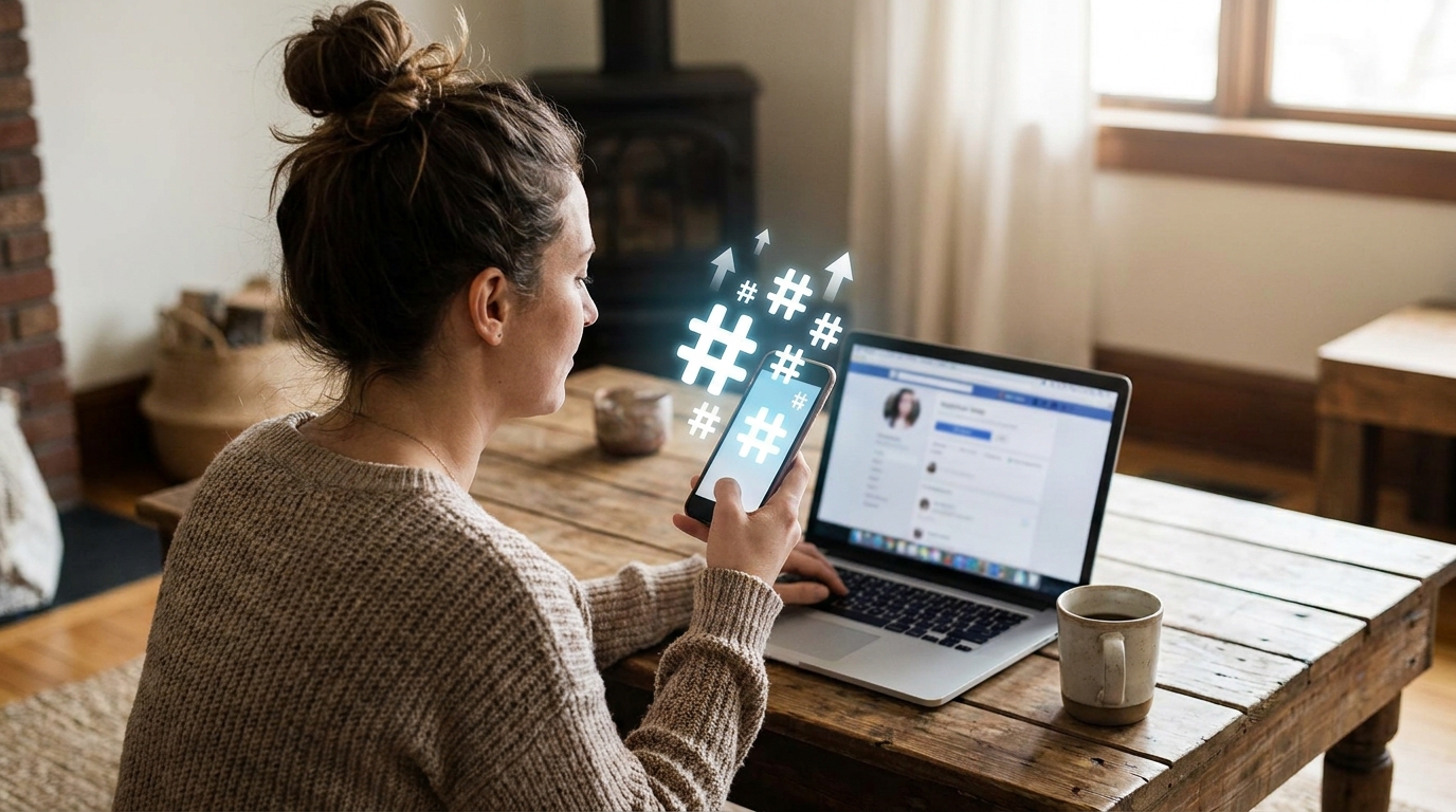 Uma mulher está sentada em uma mesa de café, com as mãos segurando um smartphone. Na tela do telefone, ícones de hashtags (#) brancos e brilhantes flutuam, simbolizando o uso estratégico de hashtags para ganhar seguidores. Ao lado, um notebook está aberto, exibindo uma página de mídia social embaçada, e uma xícara de café está ao lado do teclado. A imagem sugere a conexão entre o uso de hashtags e o crescimento online.