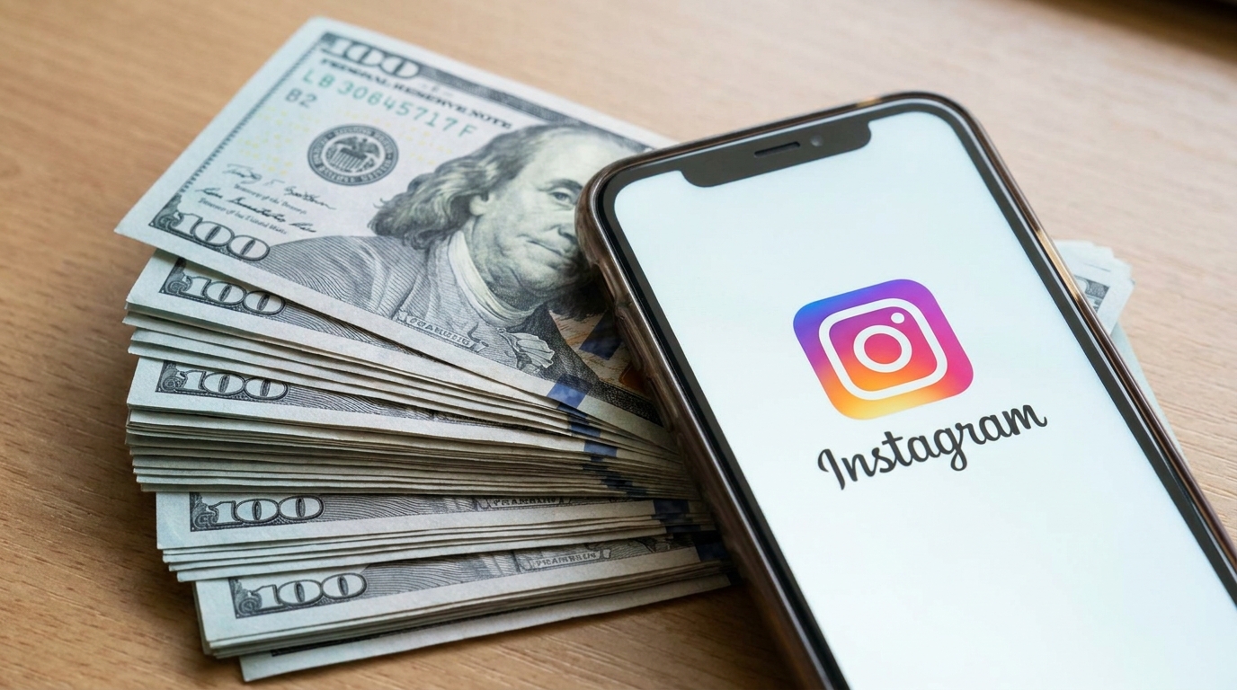 Close-up de um smartphone com o aplicativo do Instagram aberto (exibindo o logotipo e o nome), posicionado em cima de uma pilha de notas de 100 dólares. A imagem simboliza a monetização da plataforma e o potencial para Ganhar Dinheiro no Instagram.