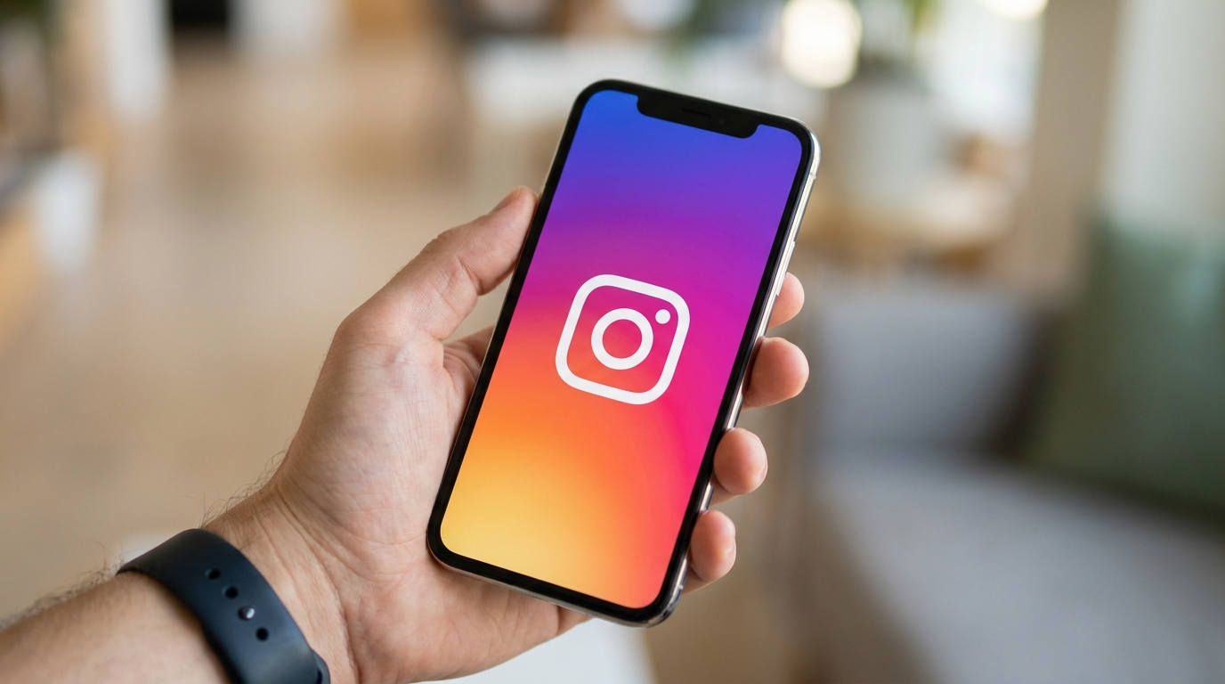 Uma mão segura um smartphone que exibe a tela de abertura do aplicativo Instagram, com o logotipo da câmera centralizado em um fundo de gradiente roxo, rosa, laranja e amarelo. A imagem simboliza o início ou o fim do uso do aplicativo e a decisão de gerenciar o tempo de tela com recursos como o modo silencioso.