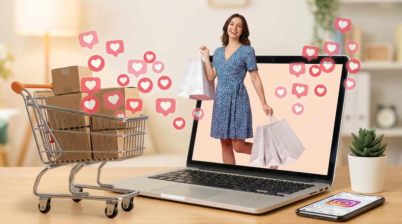 Uma imagem que ilustra a facilidade de vender no Instagram. Uma mulher sorridente, vestindo um vestido azul vibrante, emerge de dentro de um notebook, segurando sacolas de compras brancas. Ao lado dela, um carrinho de compras de supermercado transborda com caixas de papelão. A cena é cercada por ícones flutuantes de curtidas em forma de corações, simbolizando o engajamento e a popularidade nas redes sociais. A imagem evoca a ideia de que o Instagram é um portal para o comércio digital.