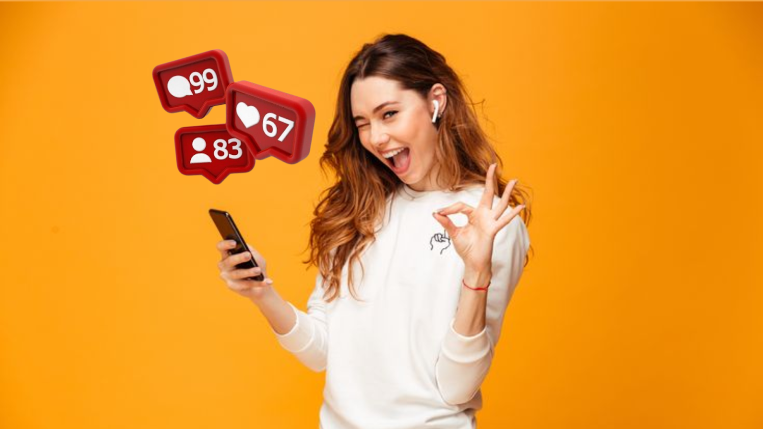 Mulher sorrindo e fazendo um sinal de "OK" com a mão, enquanto olha para o celular. Ícones de notificação (curtidas e comentários em 3D) flutuam ao redor, simbolizando alto engajamento. A imagem representa o sucesso e as estratégias para Ganhar Dinheiro no Instagram através da viralização de conteúdo.