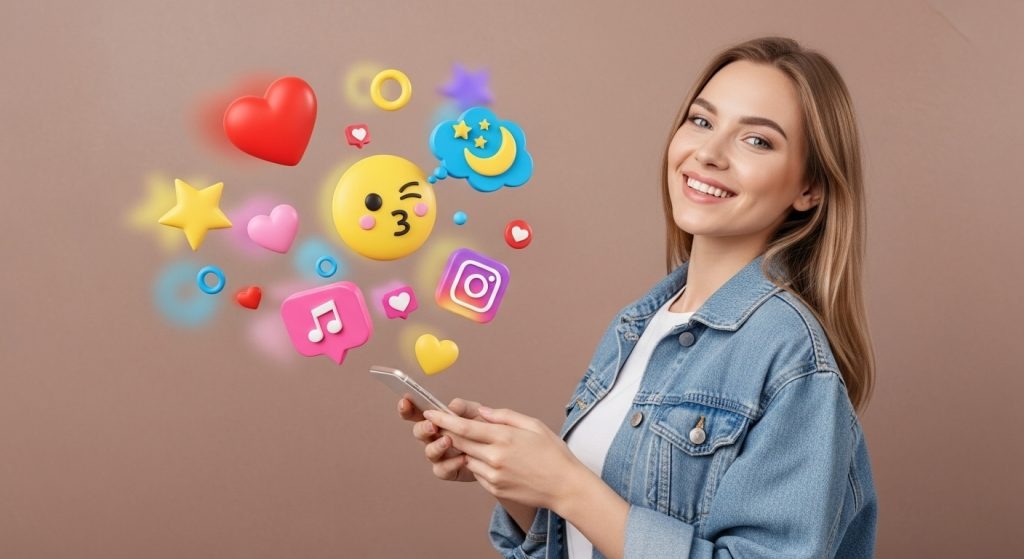 Mulher sorridente olhando para a câmera, segurando um celular com vários ícones e emojis de redes sociais flutuando ao redor, como coração, estrela, winking face (rosto piscando), e o ícone do Instagram. A imagem ilustra o tema de otimização de conteúdo ou Bio no Instagram.
