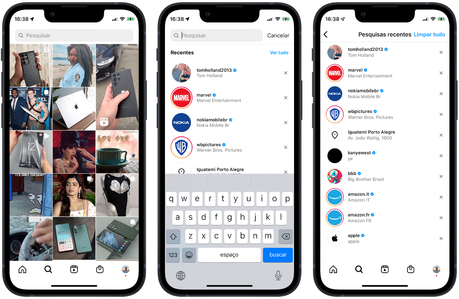 Uma montagem de três telas de celular lado a lado, mostrando o passo a passo para apagar sugestões de pesquisa do Instagram. A primeira tela exibe a página "Explorar". A segunda mostra o teclado do celular sobre a lista de pesquisas recentes e sugestões. A terceira e última tela mostra a lista completa de "Pesquisas recentes" com a opção "Limpar tudo" destacada no canto superior direito.