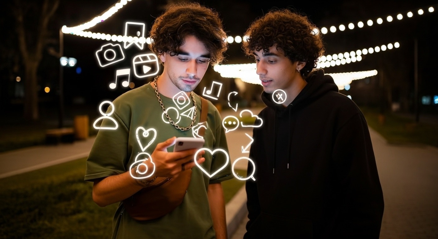 Dois jovens, com cabelos escuros e cacheados, estão em pé em uma rua urbana à noite. Um deles, usando uma camisa verde-oliva e uma pochete, está segurando um smartphone e o mostra para o outro, que veste um moletom preto com capuz. Acima do telefone, ícones de redes sociais brancos e brilhantes, como corações, balões de fala, câmeras e notas musicais, flutuam no ar, simbolizando a ação de ganhar seguidores e interagir online. O fundo está desfocado, com luzes brilhantes de postes e cordões de luzes, criando um ambiente noturno e animado.