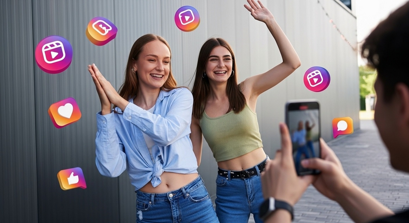 Duas jovens, sorrindo e acenando, estão sendo filmadas por um amigo que segura um smartphone. Ícones de redes sociais 3D, como os do Instagram Reels, corações e polegares para cima, flutuam ao redor delas. A imagem mostra como a criação de conteúdo e a gravação de vídeos curtos pode ajudar a ganhar seguidores e engajar o público. Elas estão vestindo roupas casuais, em um ambiente externo com um prédio ao fundo.
