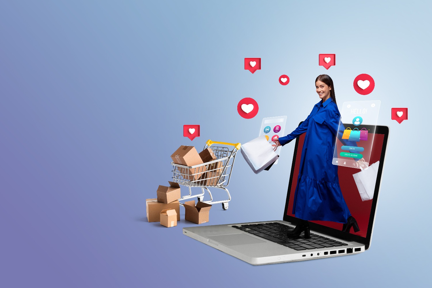 Uma imagem que ilustra a facilidade de vender no Instagram. Uma mulher sorridente, vestindo um vestido azul vibrante, emerge de dentro de um notebook, segurando sacolas de compras brancas. Ao lado dela, um carrinho de compras de supermercado transborda com caixas de papelão. A cena é cercada por ícones flutuantes de curtidas em forma de corações, simbolizando o engajamento e a popularidade nas redes sociais. A imagem evoca a ideia de que o Instagram é um portal para o comércio digital.