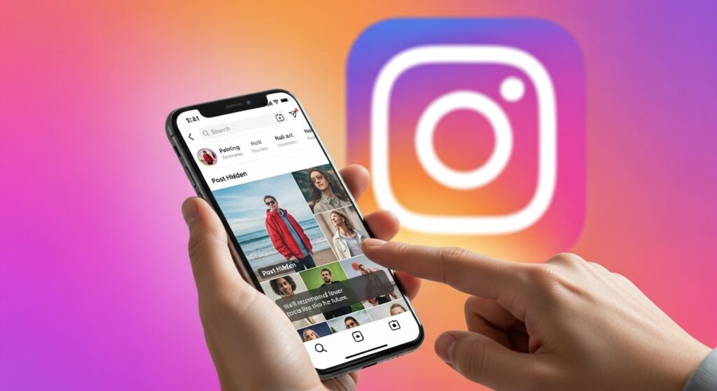 Uma pessoa está segurando um smartphone e rolando a tela do aplicativo do Instagram. A tela mostra a aba “Reels” com miniaturas de vídeos. Ao fundo, o logo do Instagram em grande escala e desfocado, com a palavra-chave Reels para empresas.