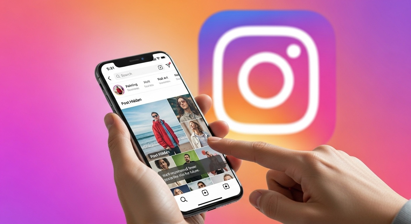 Uma pessoa está segurando um smartphone e rolando a tela do aplicativo do Instagram. A tela mostra a aba “Reels” com miniaturas de vídeos. Ao fundo, o logo do Instagram em grande escala e desfocado, com a palavra-chave Reels para empresas.