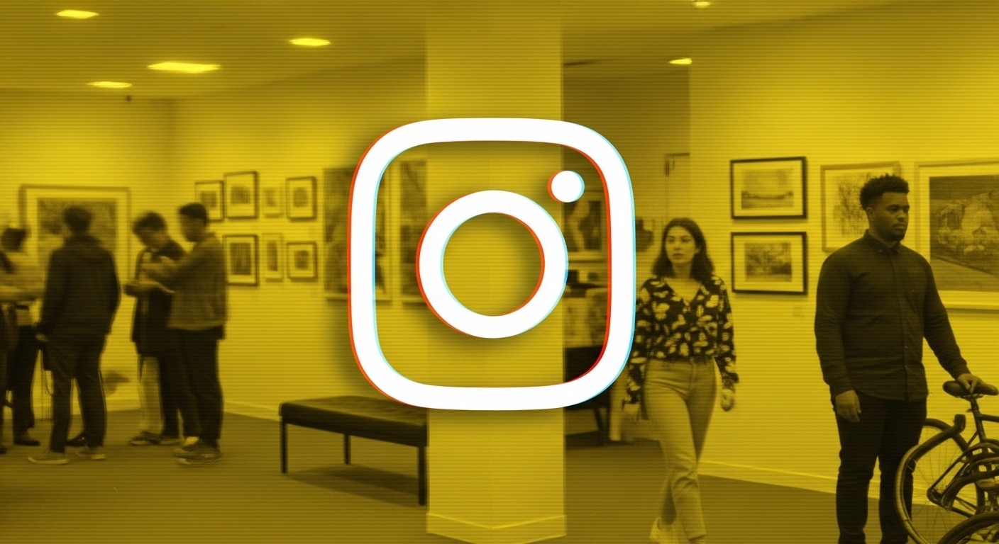 O logo do Instagram em primeiro plano, com um efeito 3D e cores ciano e magenta, está sobre uma imagem com filtro amarelo. Ao fundo, uma galeria de arte borrada com pessoas observando quadros. O conjunto da imagem representa o alcance de Reels para empresas no universo digital.