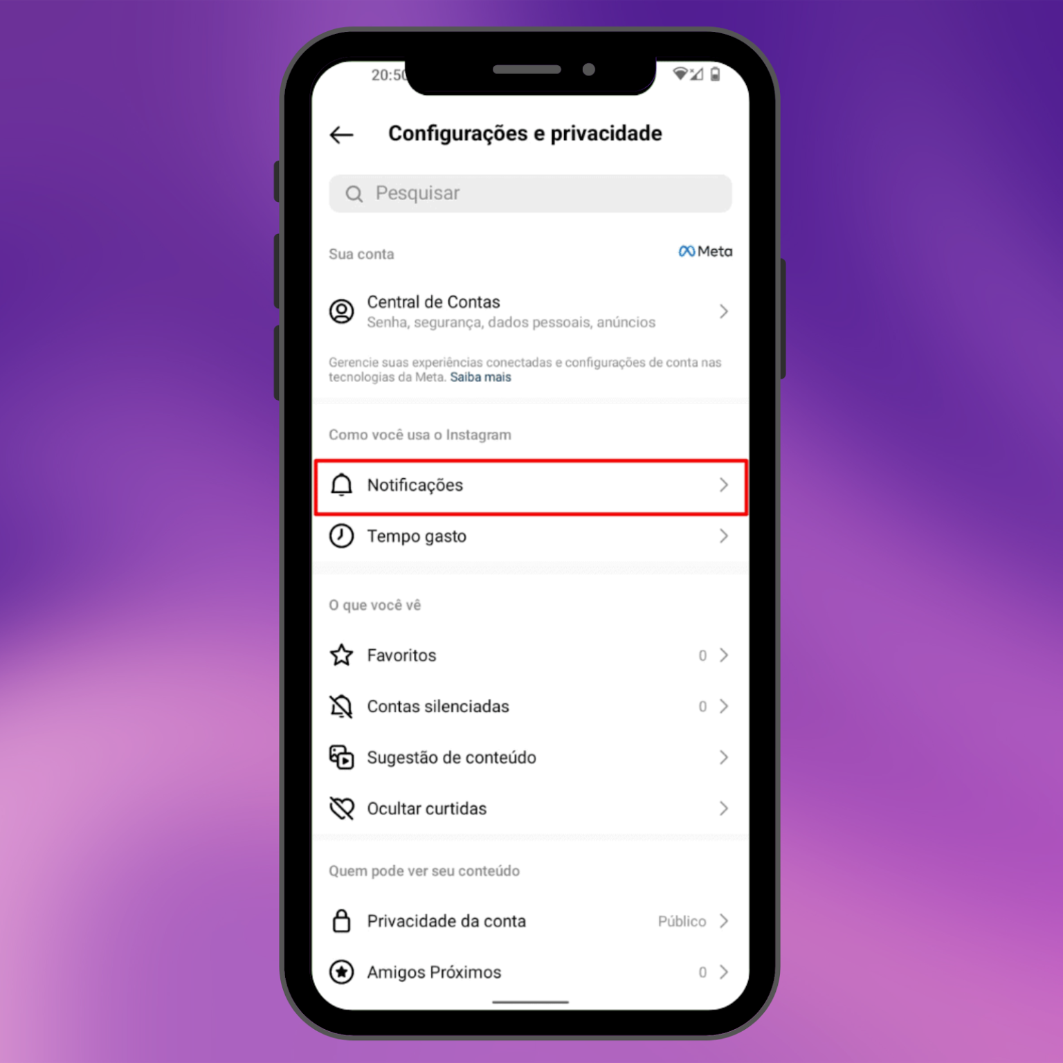 Captura de tela de um smartphone na tela 'Configurações e privacidade' do Instagram. A tela exibe opções de conta e uso. Um contorno vermelho destaca a opção 'Notificações', que deve ser selecionada para encontrar e ativar o recurso modo silencioso.