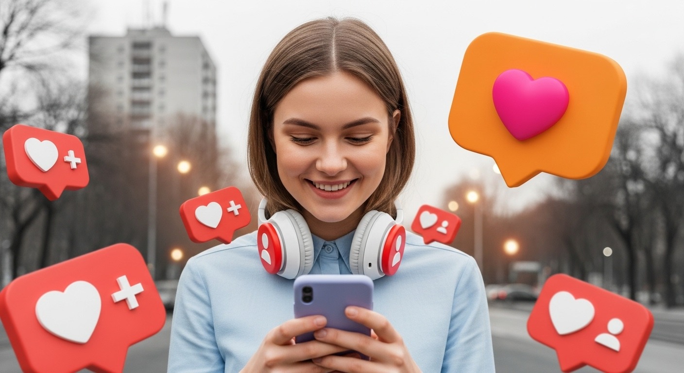 Jovem sorridente usando fones de ouvido no pescoço e segurando um smartphone, olhando para a tela enquanto ícones de redes sociais 3D (como corações de curtidas, balões de comentário e o símbolo de "adicionar" em caixas de diálogo) flutuam ao redor dela em uma paisagem urbana. A imagem representa o engajamento e o sucesso do alcance dos stories nas mídias sociais.