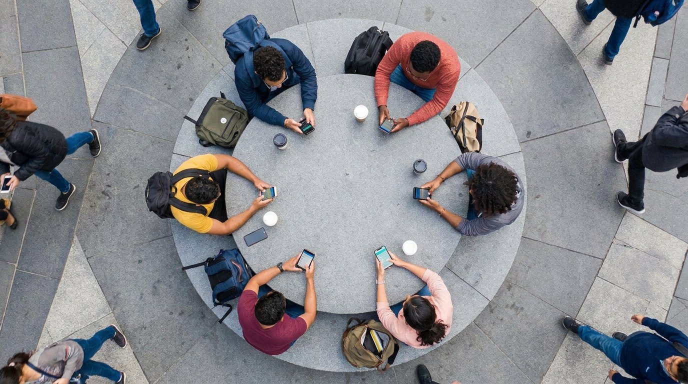 Vista aérea de seis pessoas sentadas ao redor de uma mesa cinza, todas utilizando smartphones simultaneamente, ilustrando a conexão e o engajamento digital.