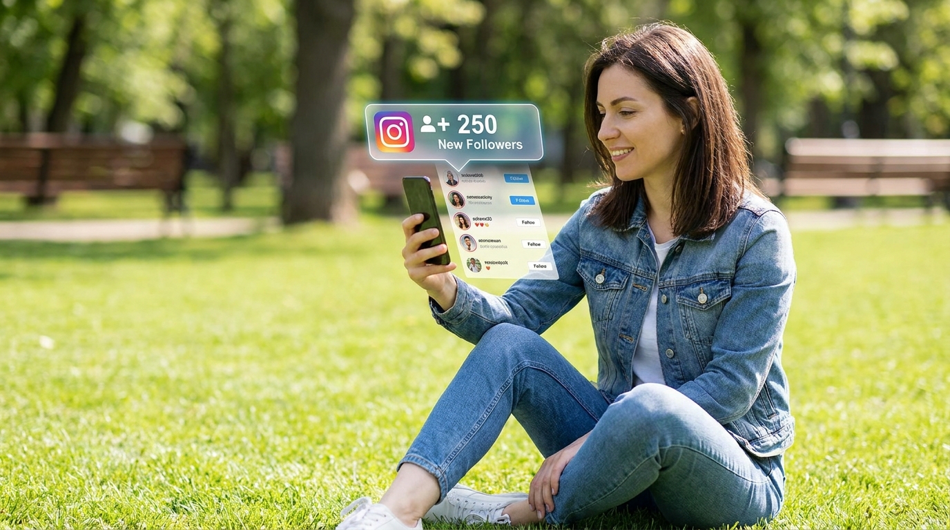Uma mulher segurando um smartphone em um gramado, exibindo um ícone flutuante de notificação do Instagram indicando a chegada de novos seguidores após comprar seguidores.