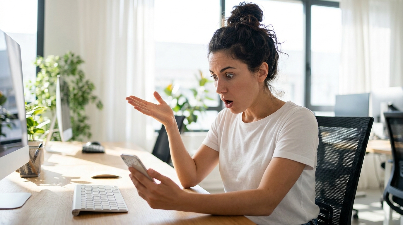 Mulher olhando para o celular com expressão de surpresa e satisfação, simulando a reação ao comprar seguidores e ver o perfil crescer rapidamente.