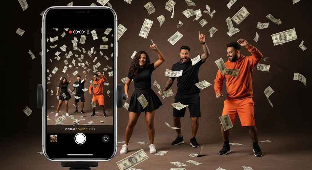 Smartphone em um tripé gravando três pessoas celebrando sob uma chuva de dinheiro, representando a criação de conteúdo para gerar engajamento viral.
