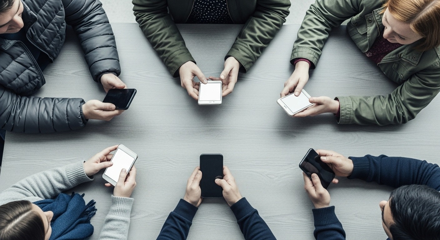 Vista aérea de seis pessoas sentadas ao redor de uma mesa cinza, todas utilizando smartphones simultaneamente, ilustrando a conexão e o engajamento digital.