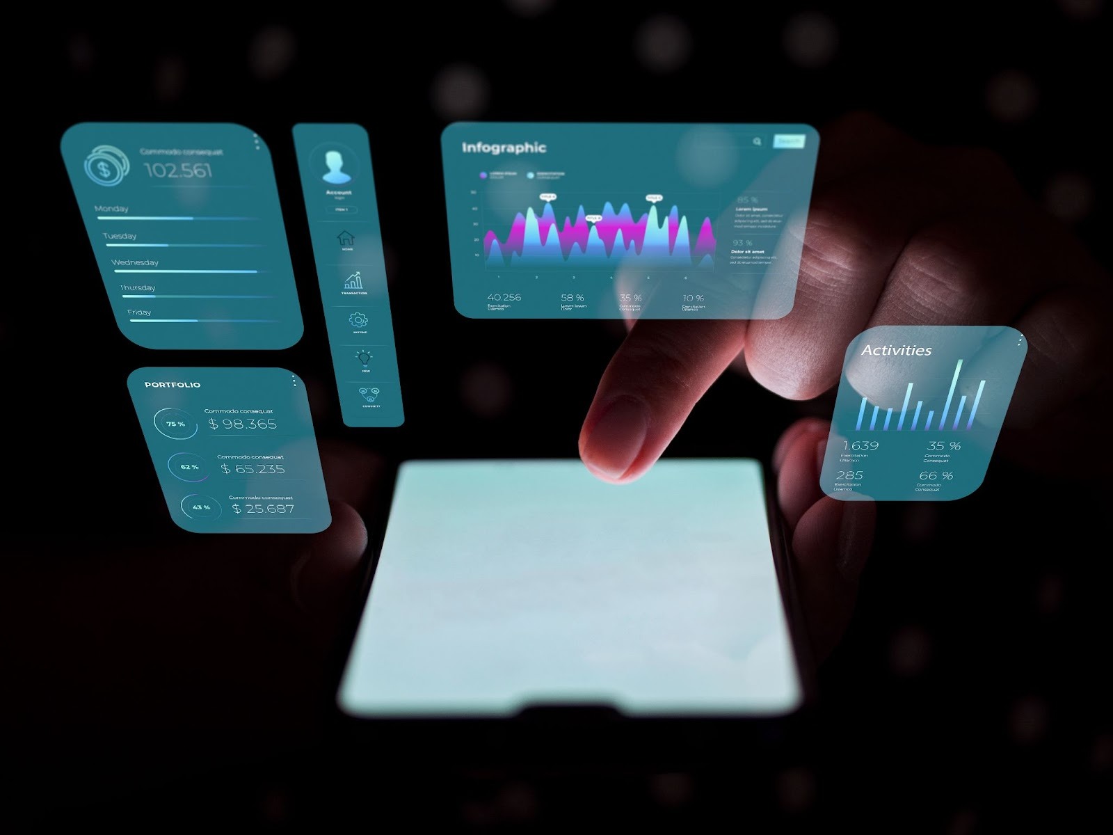 Uma pessoa utiliza um tablet e uma calculadora para analisar gráficos de pizza e barras coloridos sobre uma mesa, focando no engajamento de uma campanha.